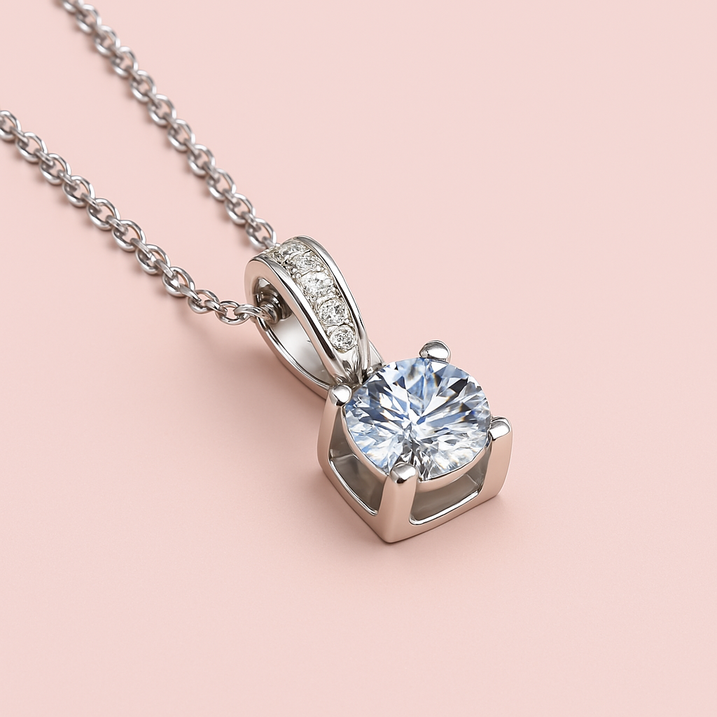 Colar Petit Lumière usado por modelo jovem em fundo neutro rosa claro. A peça destaca-se pela pedra de moissanite central e o brilho refinado da corrente em prata esterlina, ideal para ocasiões especiais ou uso diário com toque de exclusividade.