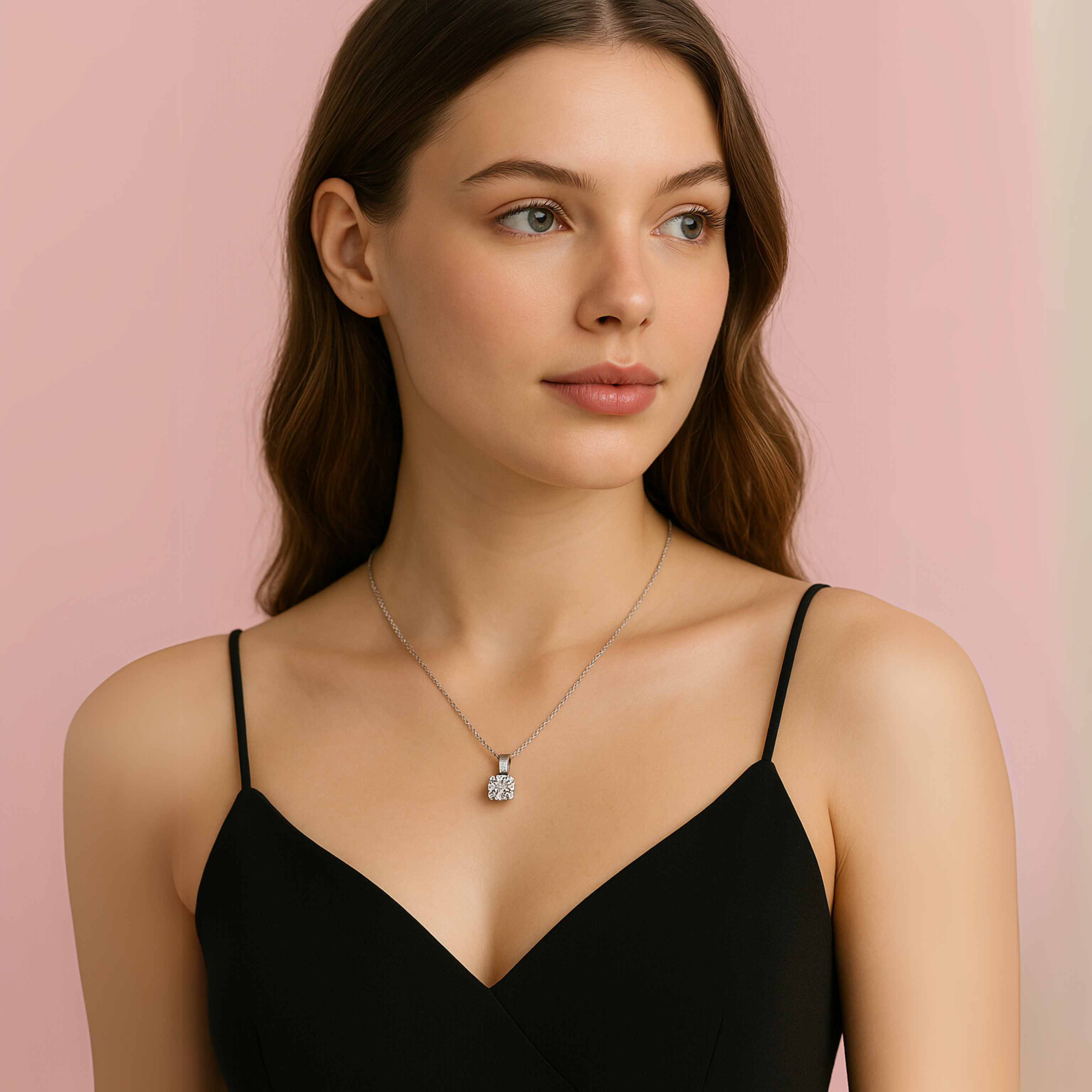 Modelo jovem com traços europeus usando colar Petit Lumière em prata esterlina com moissanite, vestindo um vestido preto elegante. Fotografia em fundo rosa claro, ideal para vitrines de joias femininas de luxo.