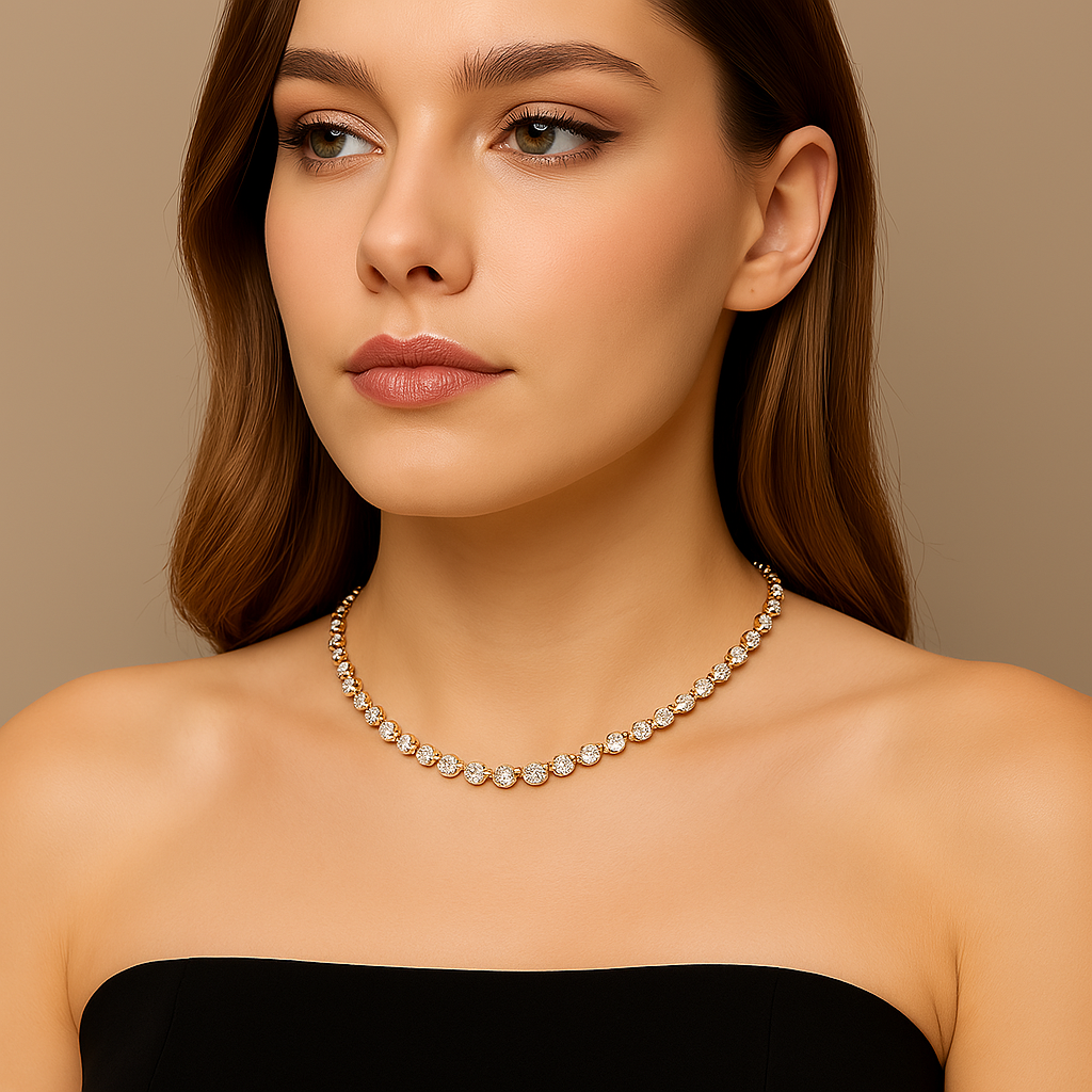 Modelo elegante usando a gargantilha Pearl Choker da Truffair. A joia, com diamantes cravejados em ouro dourado, realça o colo com sofisticação e brilho sutil — ideal para ocasiões refinadas.