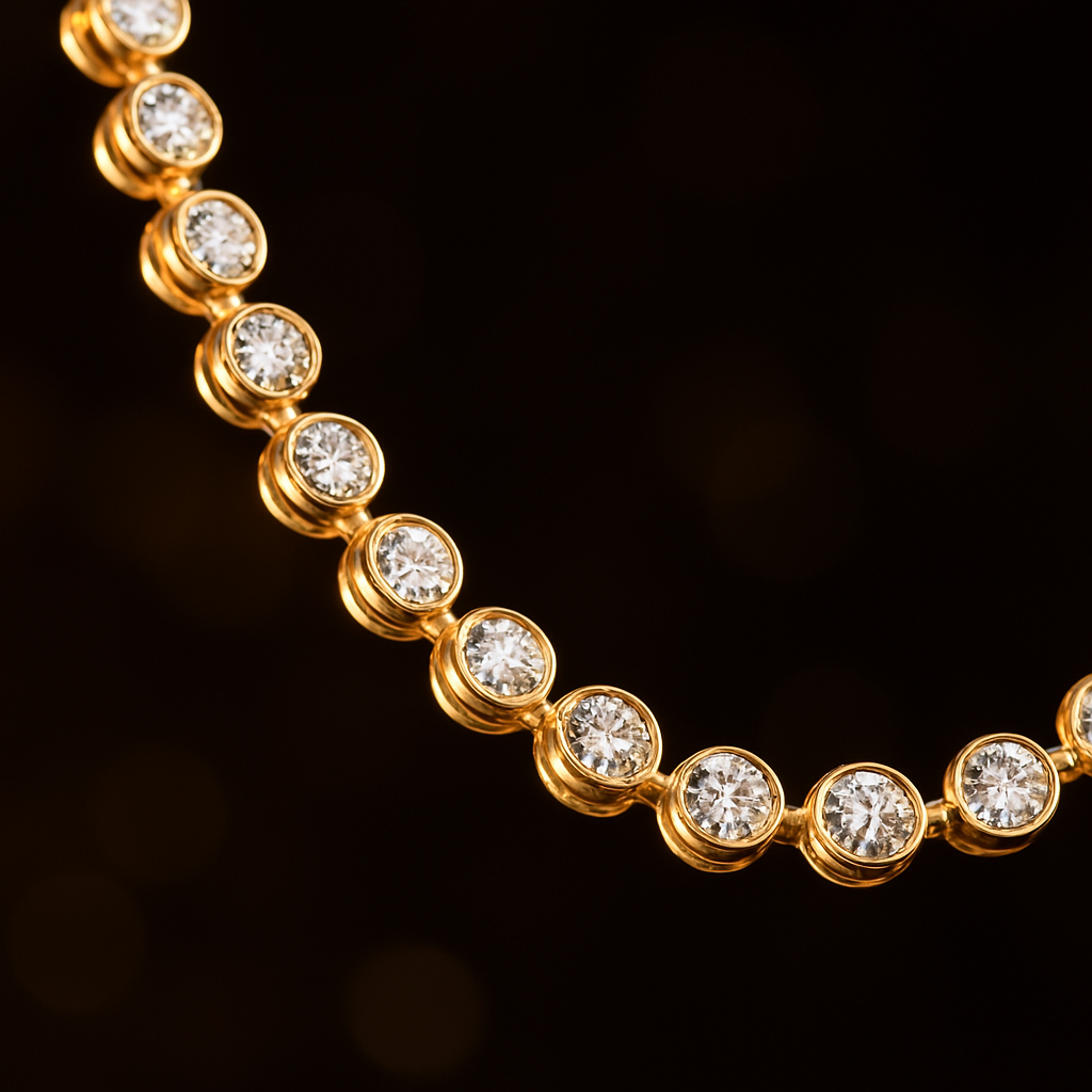 Close-up da gargantilha Pearl Choker da Truffair, com diamantes lapidados incrustados em ouro amarelo. A imagem destaca o brilho intenso das pedras e o acabamento impecável da peça, capturado sobre fundo marrom elegante.